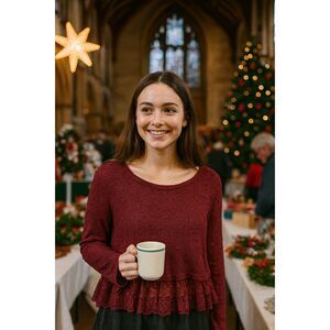 American Eagle Sweater M Burgundy Sheer Texture Lace Peplum BohoChic Cottagecore